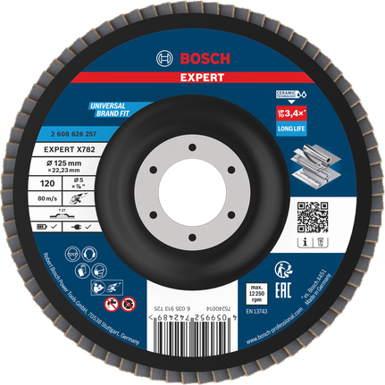 Lamelový kotouč Bosch EXPERT X782 125 mm G120 pro broušení kovů s dlouhou životností.
